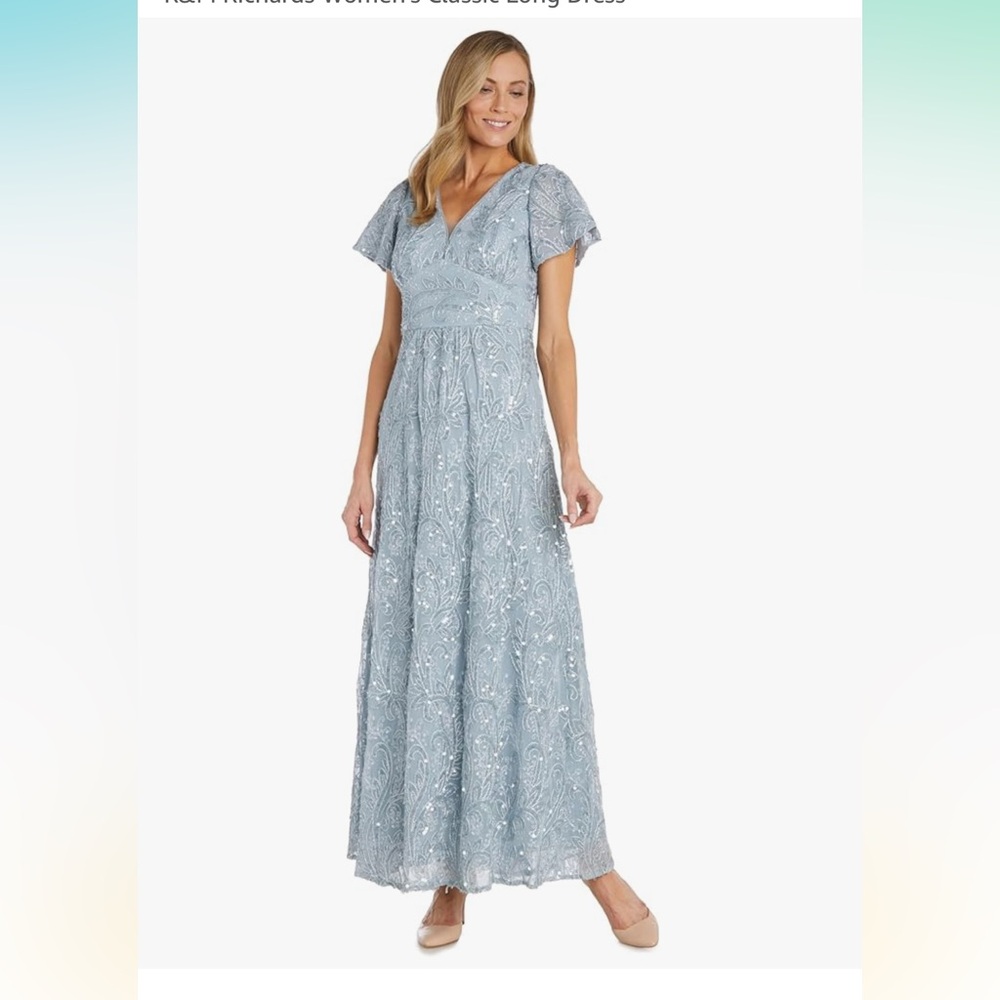 R&M Richards Blue Sequined Maxi Dress with Flutter Cap Sleeves